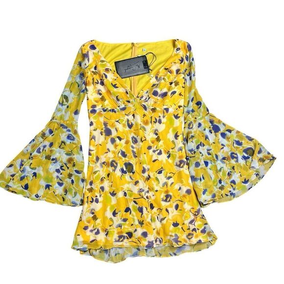 Ieena Mac Duggal Dress Womens 2 Yellow Floral  Mini Bell Sleeves Flowy Dainty - Picture 2 of 12